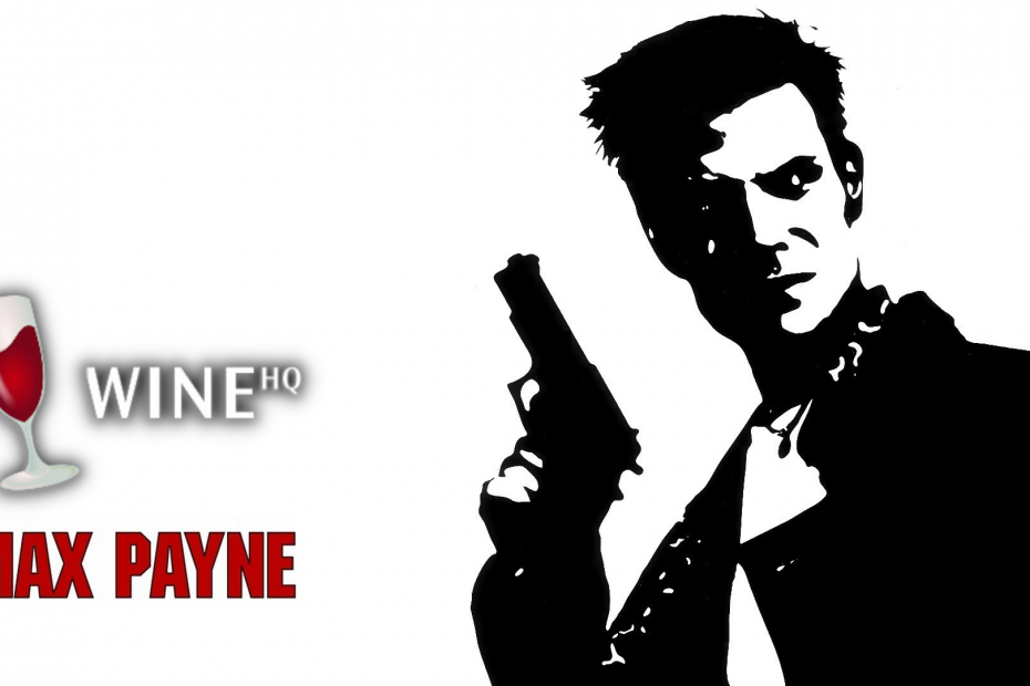 Auf dem Bild ist eine Kombination aus zwei Logos, dem der WineHQ-Software und des Spiels Max Payne 1, und dem Abbild von Max Payne aus dem gleichnamigen Spiel.