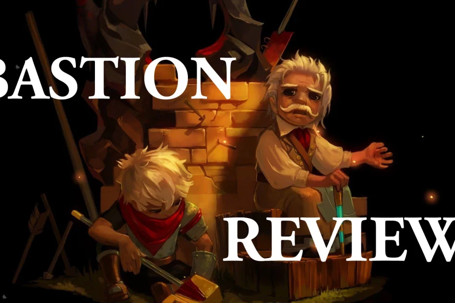 Zu sehen ist der Schriftzug Bastion Review. Den Hintergrund bildet ein Wallpaper des Spiels Bastion mit zwei der Haupt-Charaktere des Spiels die beide eher eine negative Stimmung aufweisen.