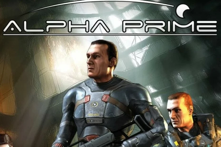 Zu sehen ist der Schriftzug Alpha Prime. Darunter, aber trotzdem im Hintergrund, sind zwei Männer mit futuristischen Rüstungen und Waffen zu sehen.